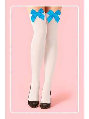 Pileli Store Tegan Mavi Fiyonklu Beyaz Jartiyer Çorabı TM1381