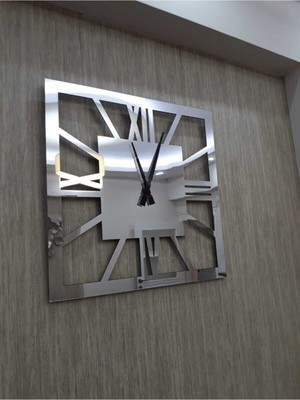 Şık Kare Gümüş Duvar Saati, Modern Mdf ve Aynalı Pleksi, 40X40 cm