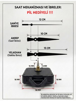 Sessiz Duvar Saat Mekanizması, 16 mm Şaft, Akrep-Yelkovan-Saniye, Askılı