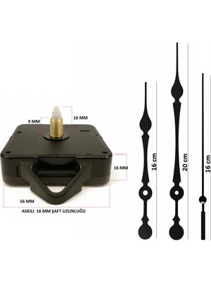 Sessiz Duvar Saat Mekanizması, 16 mm Şaft, Akrep, Yelkovan, Saniye