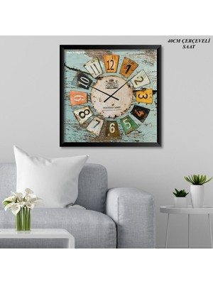 Şık Kare Çerçeveli Desenli Dekoratif Duvar Saati, 40 cm