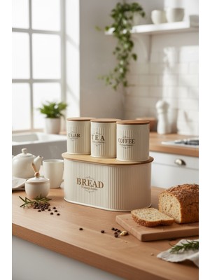 PremiumPort Şık Bambu Kapaklı Metal Ekmeklik ve Kavanoz Seti, Çiftli Set 75CM