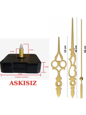 Sessiz Duvar Saati Mekanizması, Askısız 22 mm Şaft, Metal Akrep Yelkovan Saniye