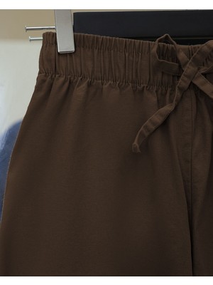 Moda Morfo Bağcık Detaylı Bol Paça Beli Lastikli Keten Pantolon -Kahve