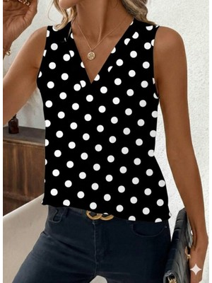 Zenvia Kadın Askılı V Yakalı Puantiyeli Süprem Bluz