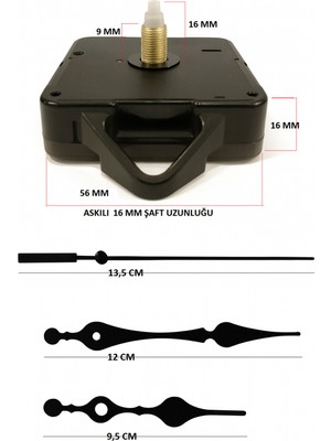 Sessiz Akar Duvar Saati Mekanizması, 16MM Şaft, Askılı, Akrep Yelkovan Saniye Seti