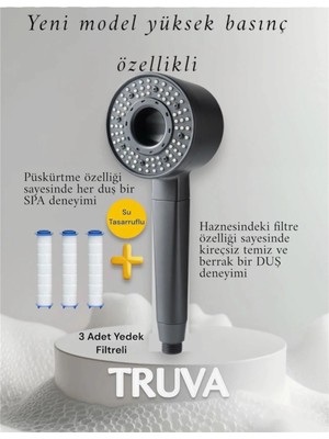 Su Tasarruflu Yüksek Basınç Özellikli 5 Fonksiyonlu Lüks Model Duş Başlığı(3 Yedek Filtreli)