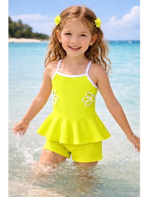 MonsterÇocuk - 🌼Papatya Nakış Detaylı, Dalgıç Kumaş, Kız Çocuk Şortlu Mayo ( 5-6 Yaş )