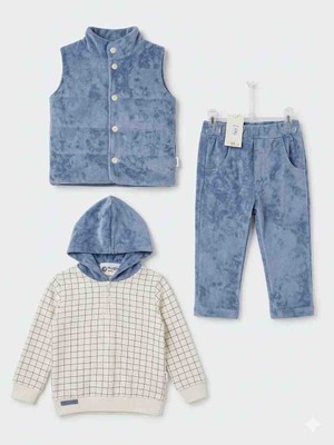 Hippie Erkek Çocuk Bebek Bayramlık 3 Lü Takım Kalin Yelekli Kapşonlu Sweatshirt Alt Eşofman