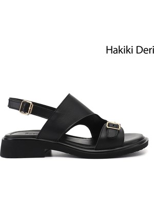 Gönderi(r) Kadın Siyah  Tokalı Bantlı Hakiki Deri Sandalet