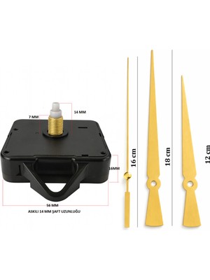 14 mm Akar Sessiz Duvar Saati Mekanizması, Üçgen Model, Metal Akrep-Yelkovan