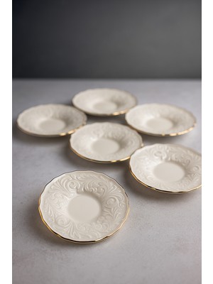 PremiumPort Kendinden Desenli Çay Tabağı 6'lı Set Altın Renkli Zarif Tasarım