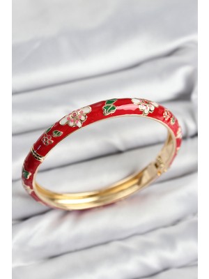Youday Accessories Mineli Pirinç Kırmızı Çiçek Motifli Gold Kadın Kelepçe