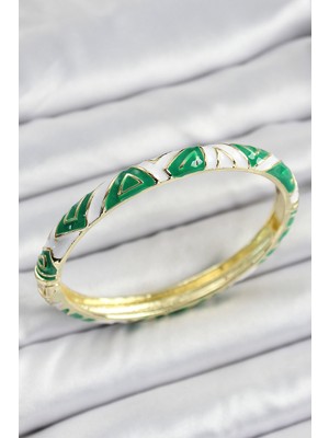 Youday Accessories Mineli Pirinç Yeşil Beyaz Motifli Kadın Kelepçe