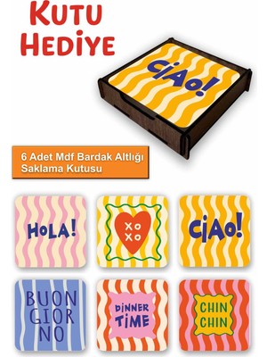 PremiumPort 6’lı Mdf Bardak Altlığı Seti, Dekoratif Akdeniz Desenli, Saklama Kutulu