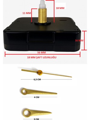 Sessiz Duvar Saati Mekanizması, Metal Akrep-Yelkovan-Saniye, Askısız, Küçük Model