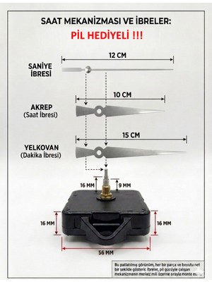 Sessiz Duvar Saat Mekanizması, 16 mm Şaft, Akrep-Yelkovan-Saniye Uçları