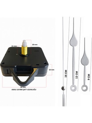 Sessiz Metal Duvar Saati Mekanizması, 18 mm Şaft, Akrep-Yelkovan-Saniye, Kalp Model