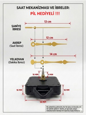 Sessiz Duvar Saat Mekanizması, 16 mm Şaft, Akrep, Yelkovan ve Saniye Ipucuyla