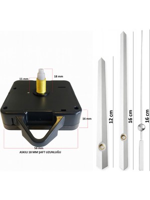 Sessiz Duvar Saati Mekanizması, Askılı, 18 Mm, Metal Akrep-Yelkovan, Orta Model