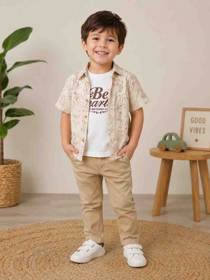 Bontino Erkek Çocuk Bayramlık 3 Lü Takım Ağaç Desenli Gömlekli Pantolonlu