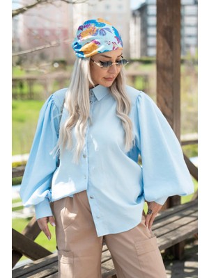Muna Boutique Jeloni Balon Kol Detaylı Mavi Kadın Gömlek