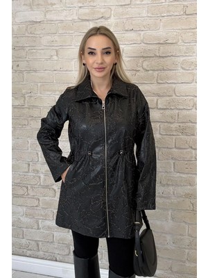 Muna Boutique Nuvon Ithal Beli Büzgülü Siyah Kadın Deri Mont