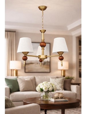 Dede Avize Üçlü Linea Avize Ahşap Detaylı Eskitme Statik Boyalı Krem Rengi Şapkalı