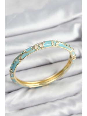 Youday Accessories Mineli Pirinç Zirkon Taşlı Turkuaz Çiçek Motifli Gold Kadın Kelepçe