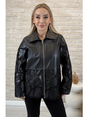 Muna Boutique Santre Ithal Siyah Kadın Deri Mont - Uzun Kesim