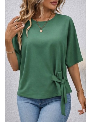 Pileli Store Pilelistore- Kadın Kısa Kollu Bisiklet Yaka Yandan Bağcıklı Aerobin Bluz