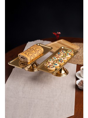 PremiumPort Lüks 2'li Dikdörtgen Gold Ayaklı Kek ve Pasta Sunum Standı