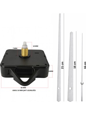 Sessiz Duvar Saati Mekanizması, Metal Akrep ve Yelkovan, 14 Mm, Yeni