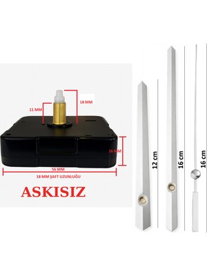 Sessiz Duvar Saati Mekanizması, 18 Mm, Metal Akrep-Yelkovan-Saniye, Askısız