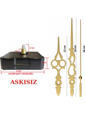 Sessiz Duvar Saati Mekanizması, Askısız 14 mm Şaft, Metal Akrep-Yelkovan