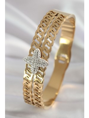Youday Accessories 316L Çelik Gold Renk Zirkon Taşlı Çiçek Model Kadın Kelepçe