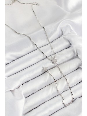 Fun And Market Buğz Pirinç Zirkon Taşlı Ezme Zincirli Kutup Yıldızı Model Gümüş Renk Y Kolye - Buğz