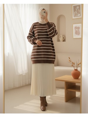 Moda Morfo Bisiklet Yaka Fitilli Triko Tunik -Kahve