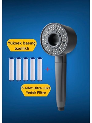 5 Adet Yedek Filtreli Yüksek Basınç Özellikli Duş Başlığı Su Tasarruflu ve Kireç Önleyici Özellikli