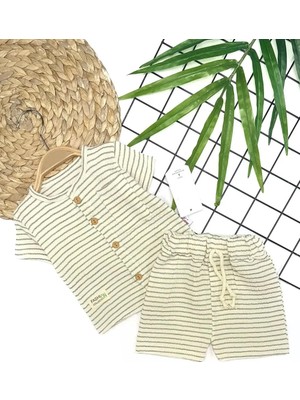 TeknoKapsül 9-12-18-24 Ay Düğme Detaylı Çizgili Müslin Kumaş Yazlık 2li Erkek Bebek Takımı