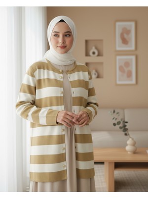 Moda Morfo Ringelli Metal Dügme Çelik Örgü Salaş Hırka   -Vizon