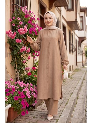 Md Düğmeli Tunik Ikili  Tesettür Takım Vizon