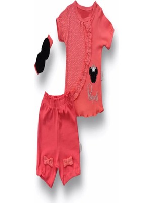 TeknoKapsül 3-6 6-9 9-12 12-18 Ay Princess Taçlı Mickey Nakışlı Şort Tişört 3lü Kız Bebek Takımı Nar Çiçeği