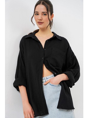 Bigdart Kadın Tek Cepli Oversize Müslin Gömlek 20353 - Siyah