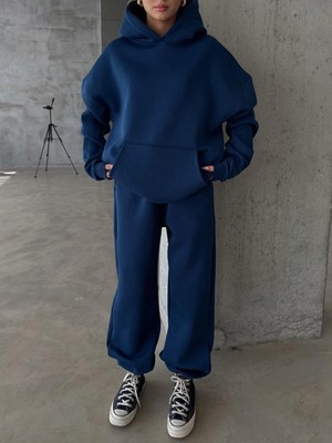 TeknoKapsül 3 Iplik Şardonlu Kapşonlu Sweatshirt Lacivert P510436