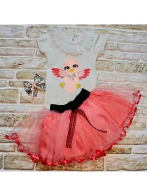 TeknoKapsül 9-12-18 Ay Toka Hediyeli Kuş Desenli Tişört Tütü Etek 2li Kız Bebek Takımı Nar Çiçeği