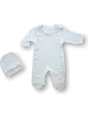 TeknoKapsül 0-3 3-6 Ay Tüllü Fırfır Detaylı Şapkalı Uzun Kollu Kız Bebek Tulumu Ekru