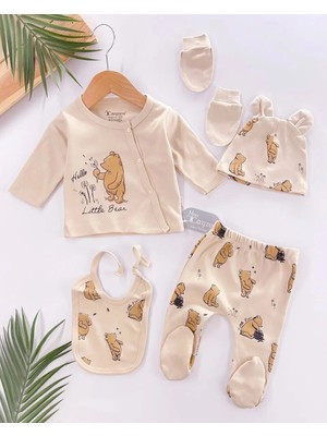 TeknoKapsül Hello Little Bear Baskılı 5 Parça Pamuk Erkek Bebek Hastane Çıkışı