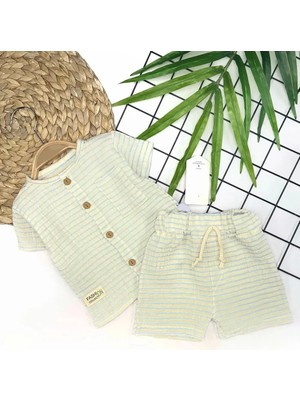 TeknoKapsül 9-12-18-24 Ay Düğme Detaylı Çizgili Müslin Kumaş Yazlık 2li Erkek Bebek Takımı