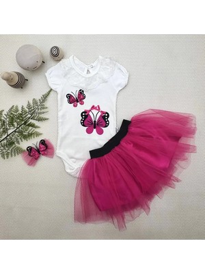 TeknoKapsül 9-12-18 Ay Payetli Nakışlı Taçlı Kısa Kollu Tütü Etek 3lü Kız Bebek Takımı Fuşya